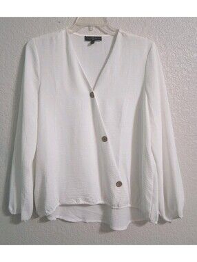 Fred David White Diagonal Button Drape Blouse, Large, EUC